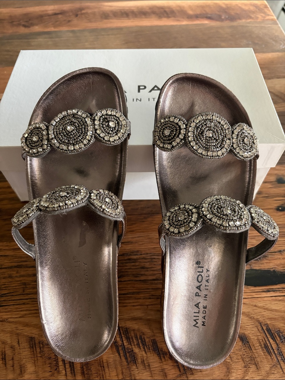 EUC Mila Paoli Metallic Bronze Beaded Slide Sandals